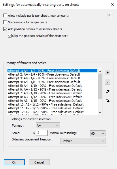 Settings for automatic generation of sheets