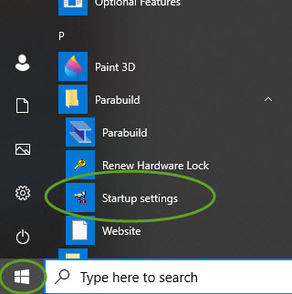 Where to find the Parabuild Startup settings tool in Windows